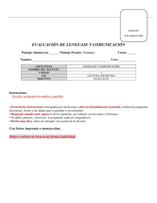 Evaluación Lenguaje y Comunicación.
