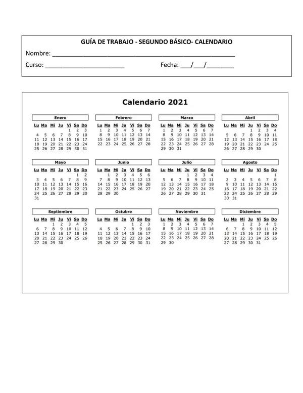 Guia de trabajo el calendario, Segundo Basico, Matematicas
