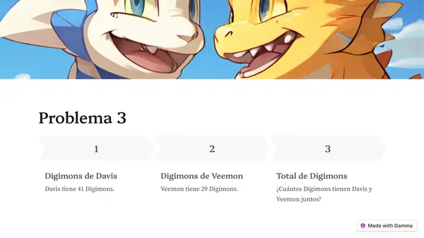 Guía de problemas con sumas de 2 dígitos con personajes de digimon