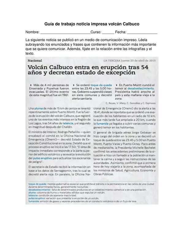  "Guía de Análisis de Noticias Impresas: Erupción del Volcán Calbuco"LENGUAJE,SEPTIMO