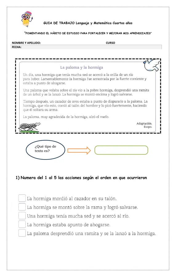 Guia EDITABLE de actividades de Lenguaje y Matemática cuarto año básico