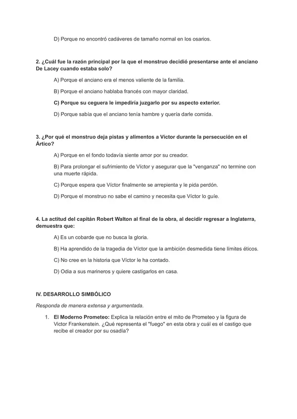 PRUEBA DE COMPRENSIÓN LECTORA: FRANKENSTEIN O EL MODERNO PROMETEO