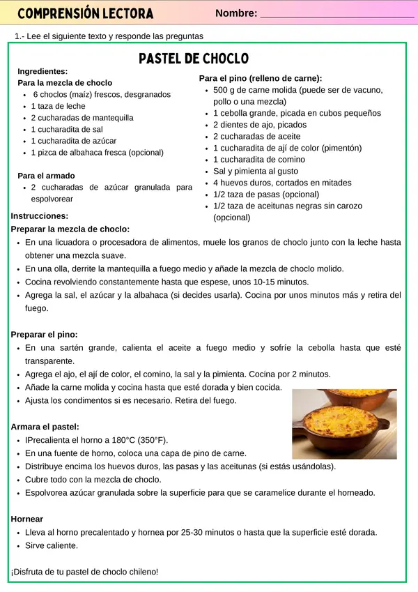 Comprensión Lectora y Análisis de Textos Receta Chilena Parte 3