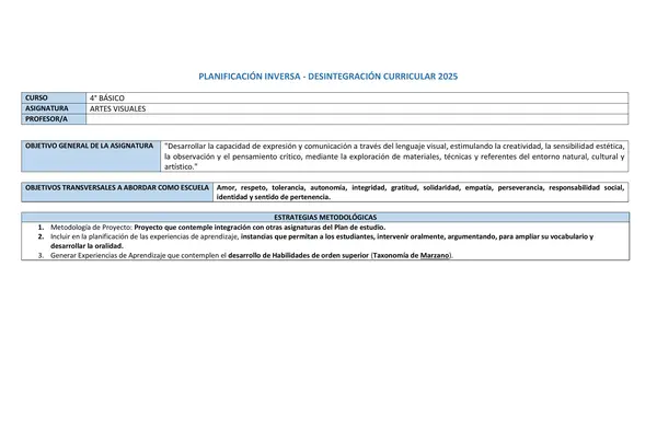 Planificación por unidades 4° básico Artes Visuales
