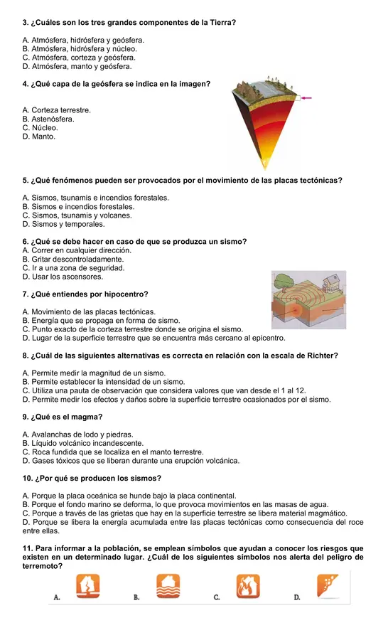 Evaluación de ciencias 4° año "Los movimientos de las placas"