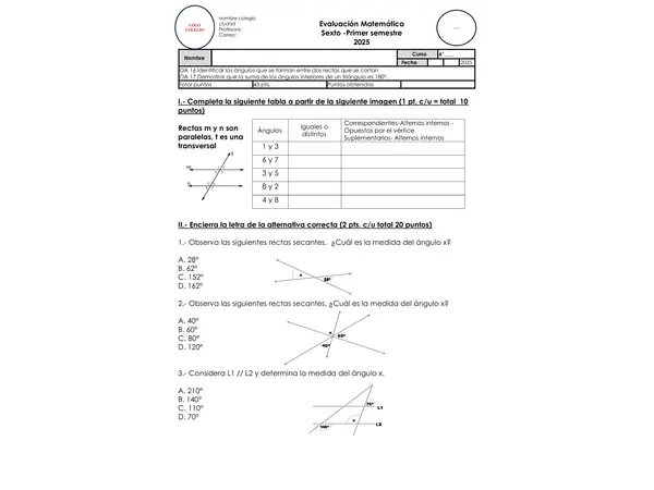 Evaluación Matemática 6° Básico – Ángulos y Triángulos – OA16 y OA17