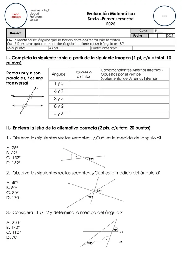 Evaluación Matemática 6° Básico – Ángulos y Triángulos – OA16 y OA17 