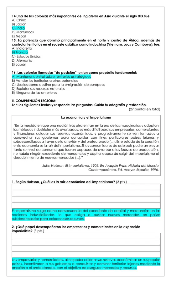 Prueba Historia - Revolución Industrial y el Imperialismo del siglo XIX