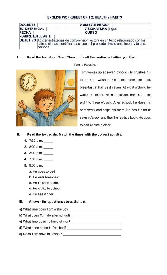 DAILY ROUTINES WORKSHEET 7° GRADE