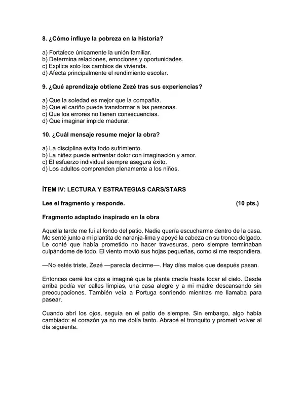 Evaluación del libro "Mi planta de naranja lima"
