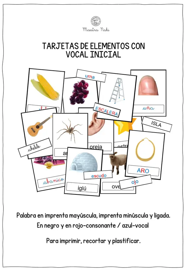 Tarjetas para la identificación de vocales. 