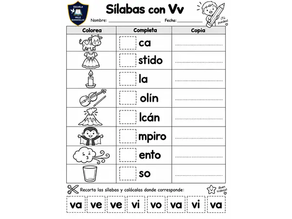 Letra V: Recortar, pegar y escribir.