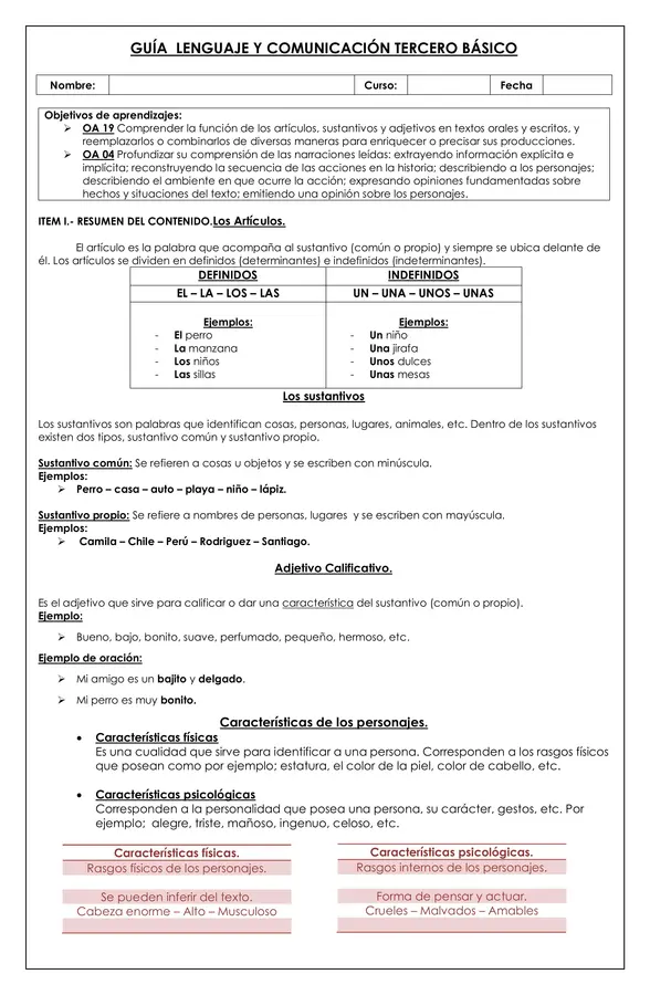 EVALUACIÓN ARTÍCULOS ,ADJETIVOS Y CARÁCTERÍSTICAS DE LOS PERSONAJES