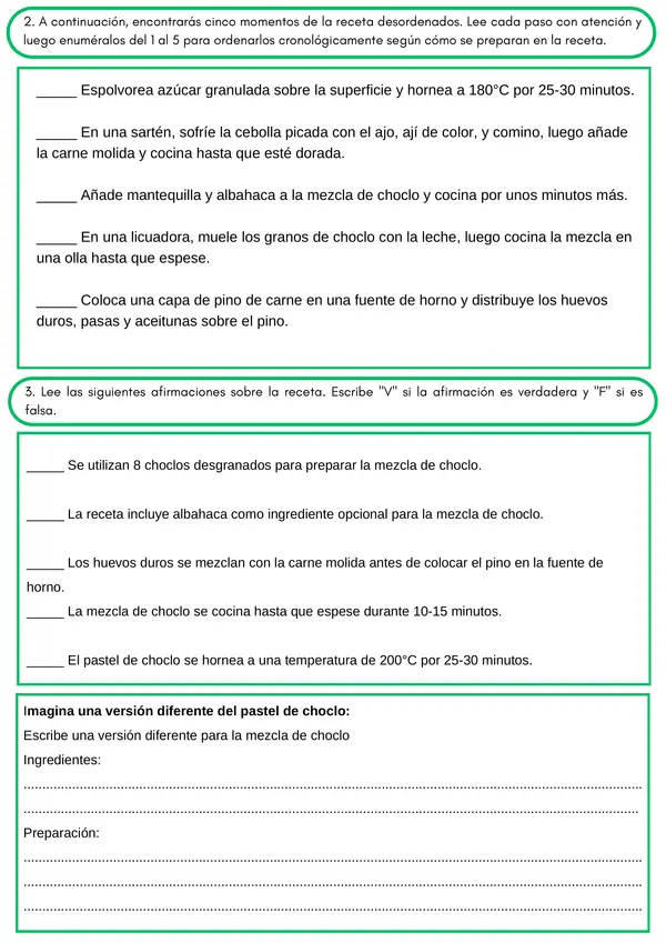 Comprensión Lectora y Análisis de Textos Receta Chilena Parte 3