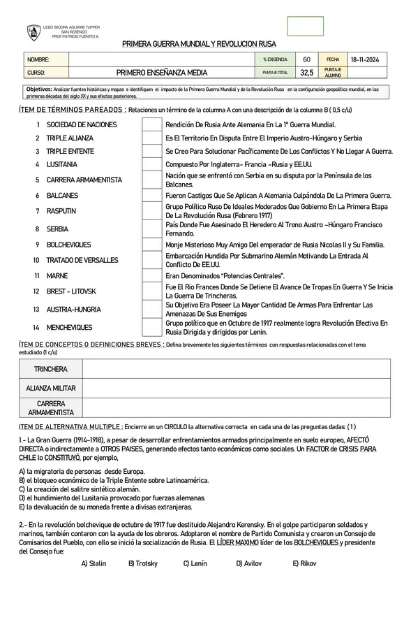 ESQUEMA  PRIIMERA GUERRA MUNDIAL