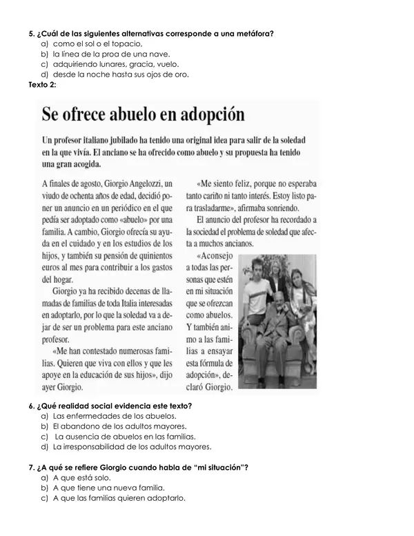 Control o ejercicios de comprensión lectora 