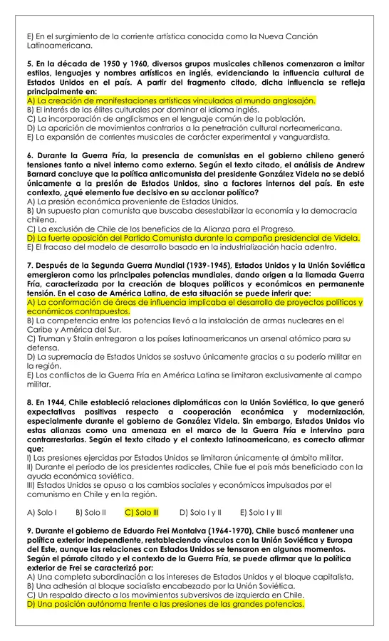 Prueba Historia - Efectos de la Guerra Fría en Chile y América Latina