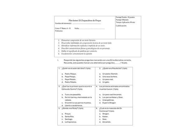 Evaluación Plan Lector El Chupacabras de Pirque
