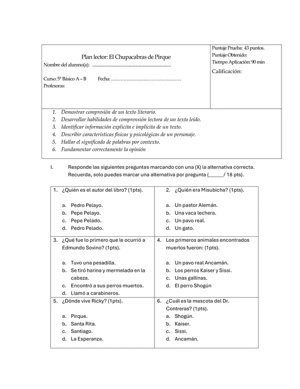 Evaluación Plan Lector El Chupacabras de Pirque