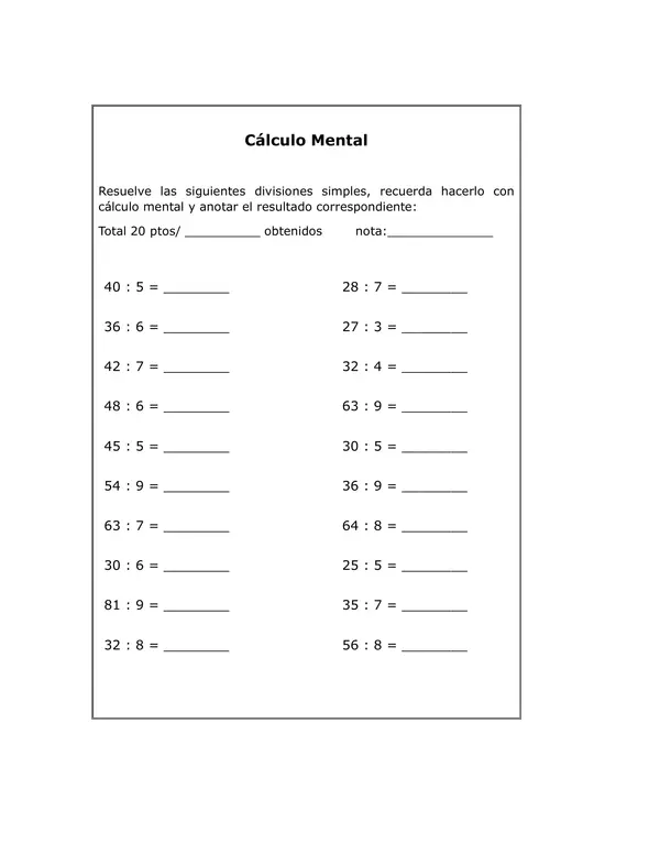 Cálculo mental divisiones 