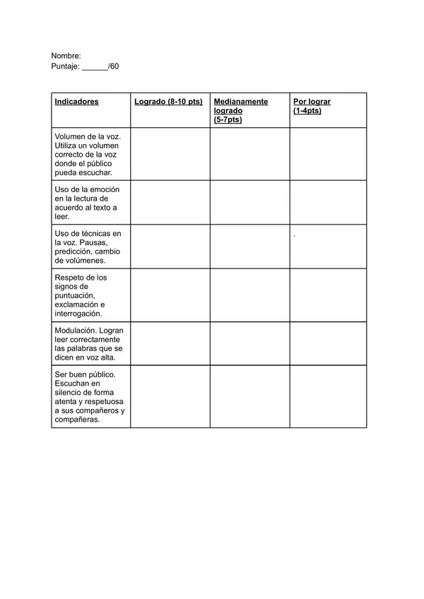 Pauta de evaluación lectura en voz alta