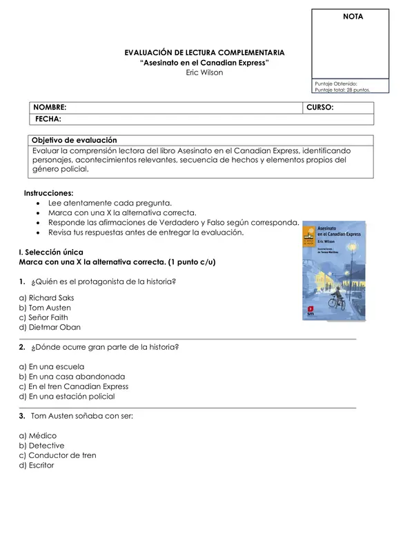 Asesinato en el Canadian Express | Word Editable | OA 4 | Incluye Pauta de Corrección