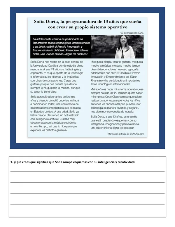 Comprensión lectora: Noticia - Sofía Dorta, la niña que rompe esquemas