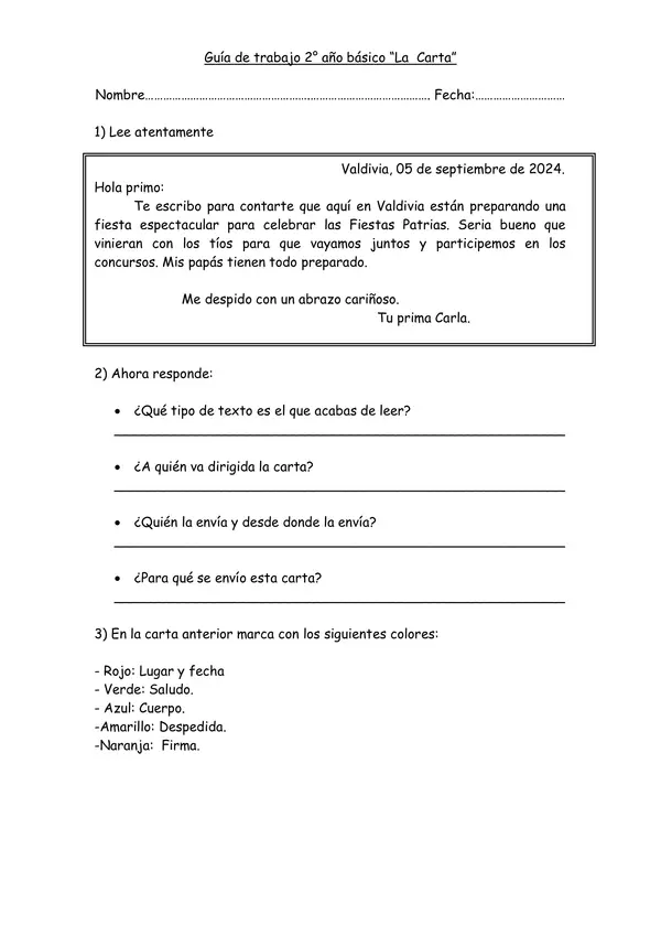 Guía de trabajo "La carta" 2° año básico.
