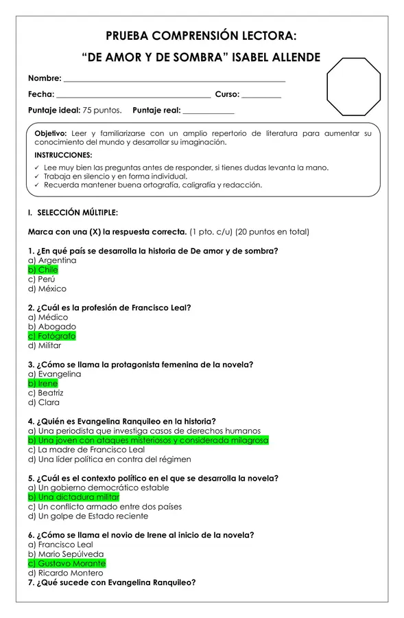 Prueba Lectura - De amor y de sombra
