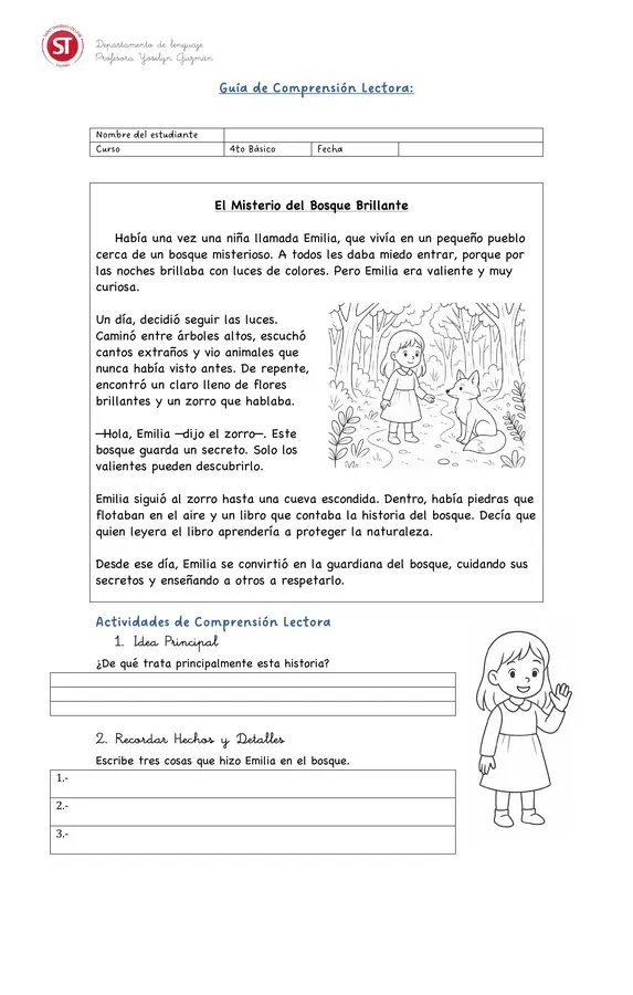 guía comprensión lectora "El misterio del bosque brillante"
