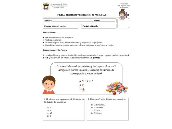 Prueba de divisiones y resolución de problemas