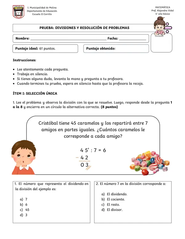 Prueba de divisiones y resolución de problemas