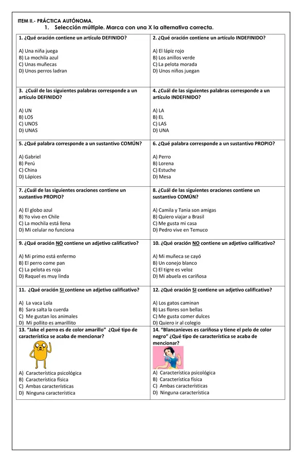 EVALUACIÓN ARTÍCULOS ,ADJETIVOS Y CARÁCTERÍSTICAS DE LOS PERSONAJES