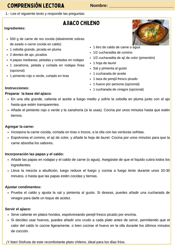 Comprensión Lectora y Análisis de Textos Receta Chilena Parte 3