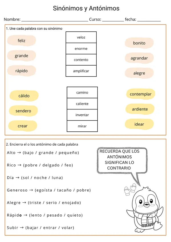 📚 Ficha de Lenguaje: Sinónimos y Antónimos - Lenguaje y Comunicación