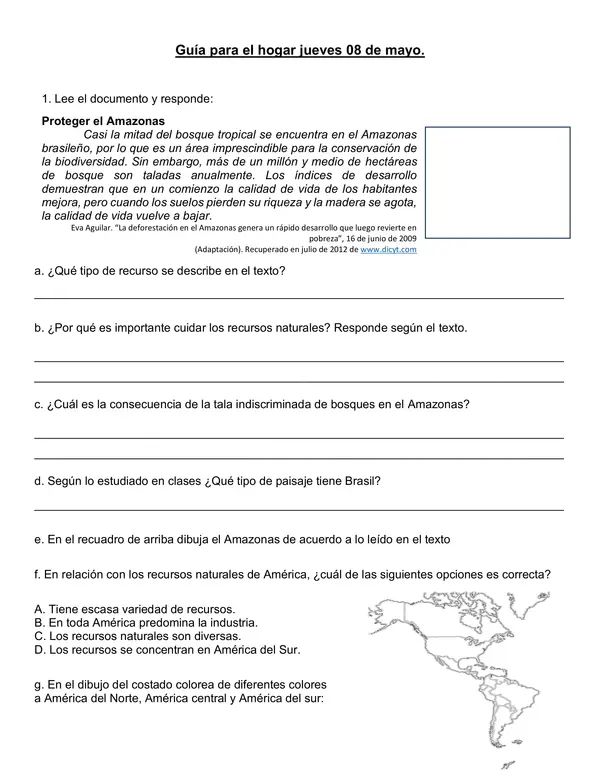 Guía comprensión "Recursos de América" 4° año