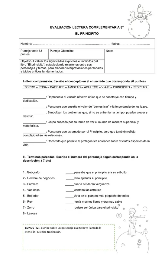EL PRINCIPITO EVALUACIÓN 