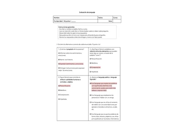 Evaluación lenguaje figurado
