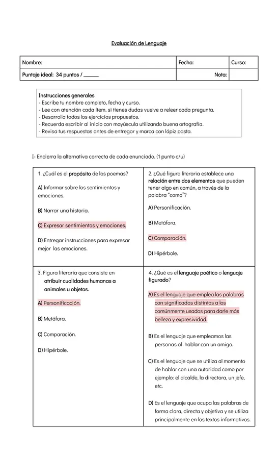 Evaluación lenguaje figurado