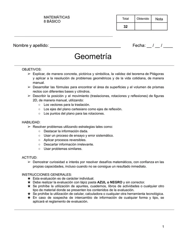 Teorema de Pitágoras, área y volumen de cuerpos geométricos, y transformaciones isométricas.