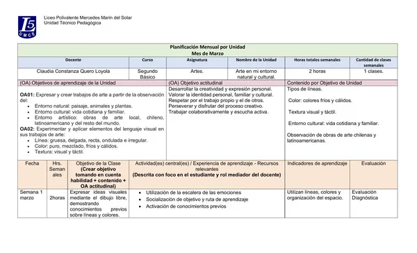 Planificación 2° Básico Artes Unidad 1