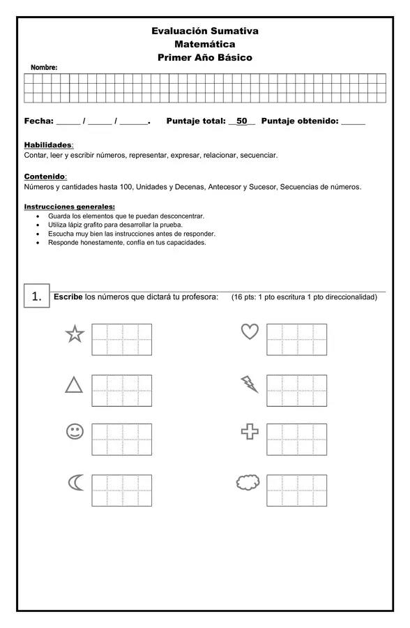 Evaluación Números hasta 100, 1° básico