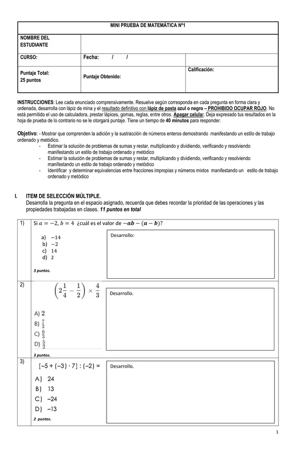 MINI PRUEBA - OPERATORIA DE NÚMEROS ENTEROS