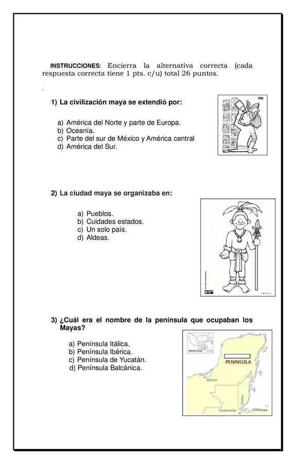 Prueba editable de Historia "civilización Maya"  cuartos años en formato Word