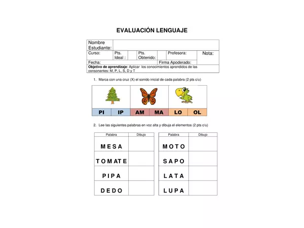 Evaluación consonantes "m, p, l, t, d, s".