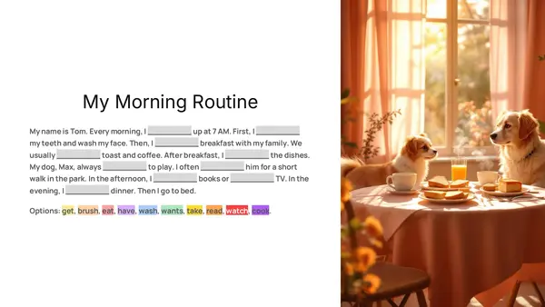PowerPoint on completing stories with verbs (A2 Level)