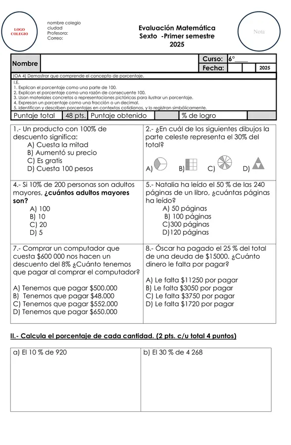 Evaluación de Matemática: Porcentajes para 6° Básico – Primer Semestre 2025