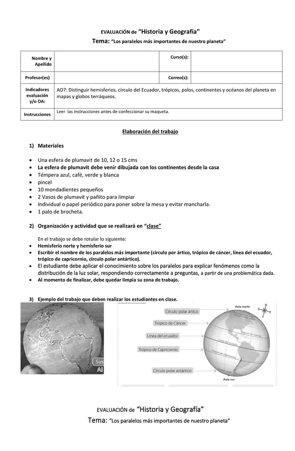 Maqueta del Globo Terráqueo 3° Básico: Paralelos y Hemisferios + Evaluación