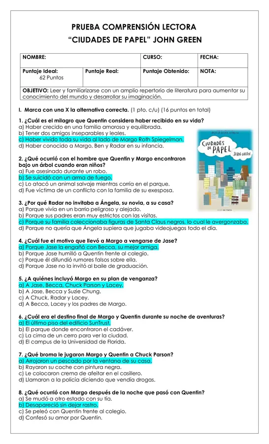 Prueba Lectura - Ciudades de papel 