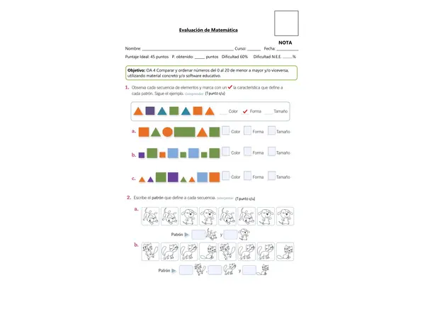 Evaluación descargable: Patrones – Matemática | 1° Básico